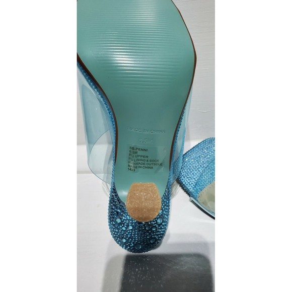 New Betsey Johnson Banks Champagne Blue Rhinestone Clear Toe Slide Heels Wmn 6.5 - Picture 4 of 6